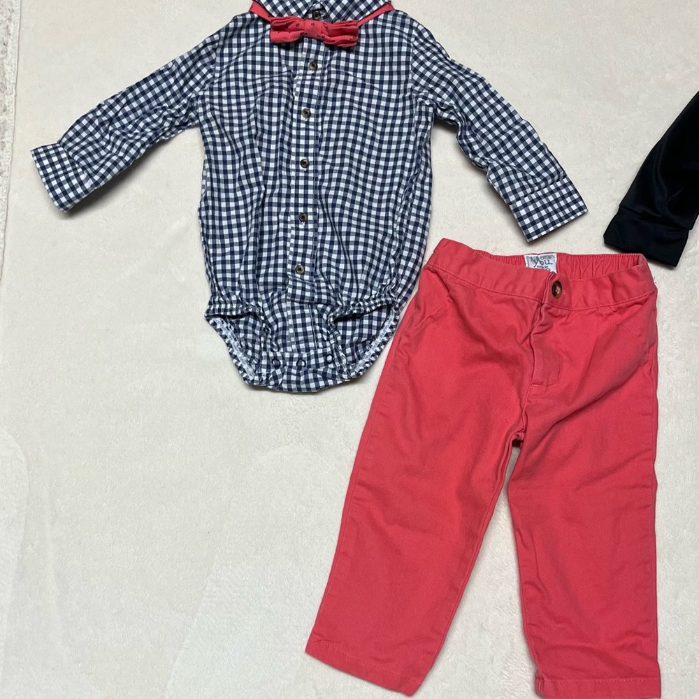 Carter's Coral Pants with Button Blue and White Onesie with Bow tie